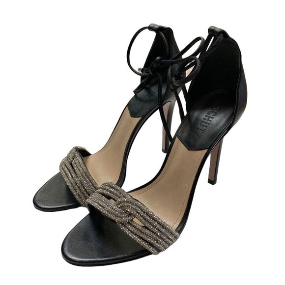 Schutz High Heels Sz 8.5 Women Andy Leather Strappy Sandals Black Silver Shoes - Picture 3 of 7